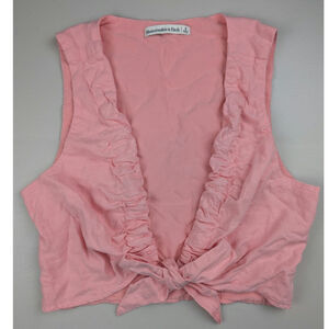 Abercrombie Fitch Tie Front Crop Top Pink Ruched Coquette Linen Blend Small